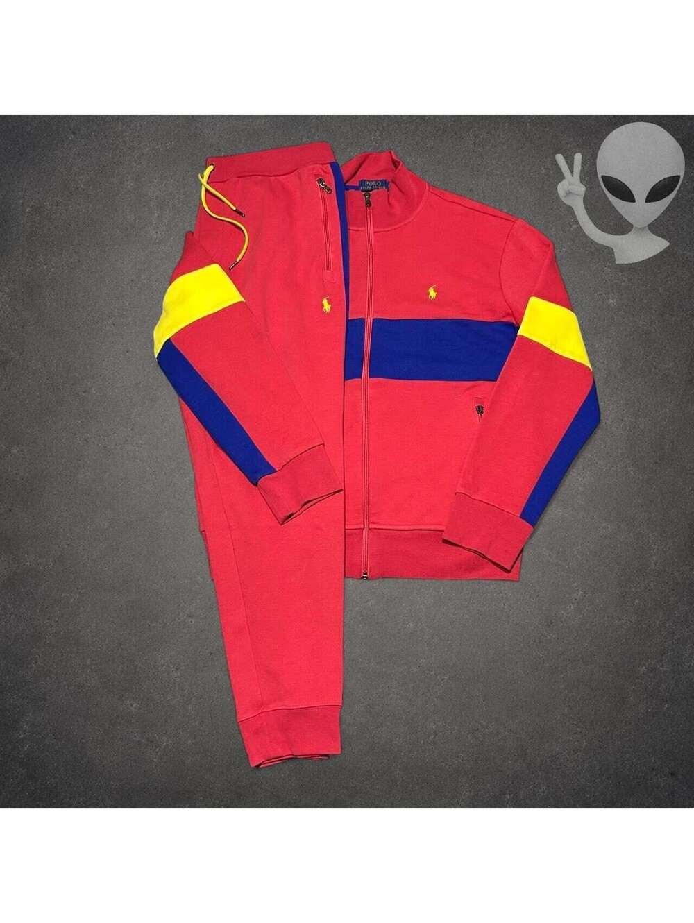 Polo Ralph Lauren Men L Red Colorblock Double-Knit Full-Zip Track Suit Set